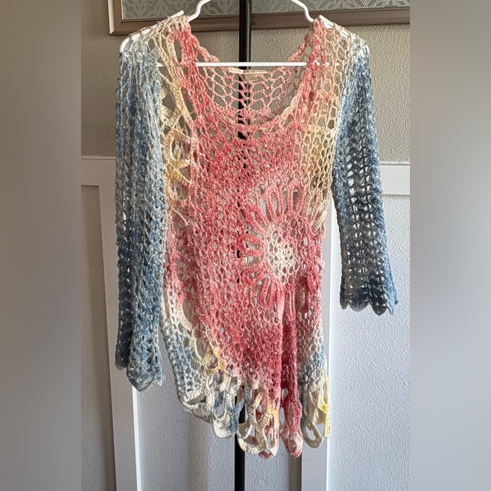 Boston Proper Boho Crochet Knit Sweater Pastel Multicolor Size M - Picture 2 of 4